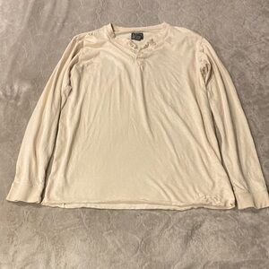 Men's Beige Long Sleeve Henley Shirt graphic on the back size L 100%cotton